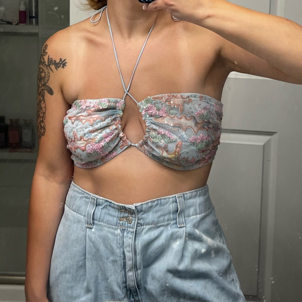 For Love & Lemons Pastel Floral Embroidered Bandeau Crop Top